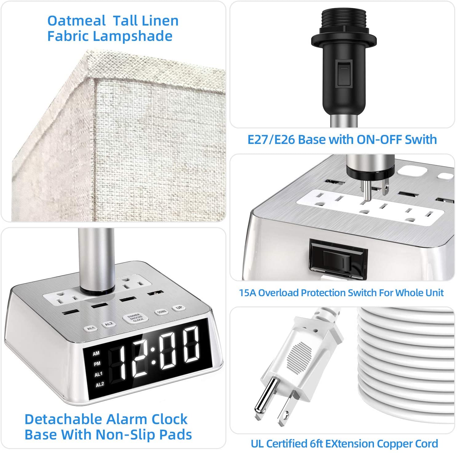Table Lamp, 4 USB Ports & AC Power Outlets, Alarm Clock
