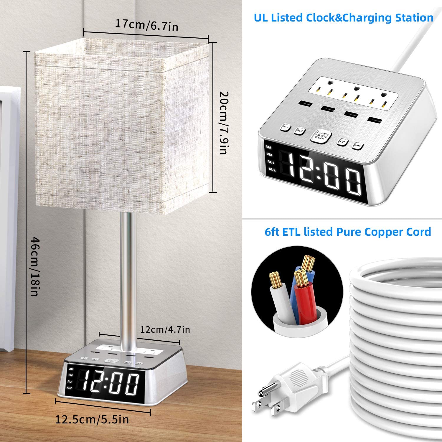 Table Lamp, 4 USB Ports & AC Power Outlets, Alarm Clock