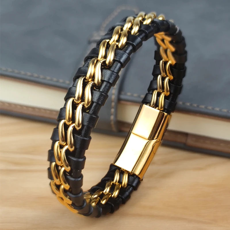 Pulsera de Cadena de Cuero Genuino para Hombre con Cierre...
