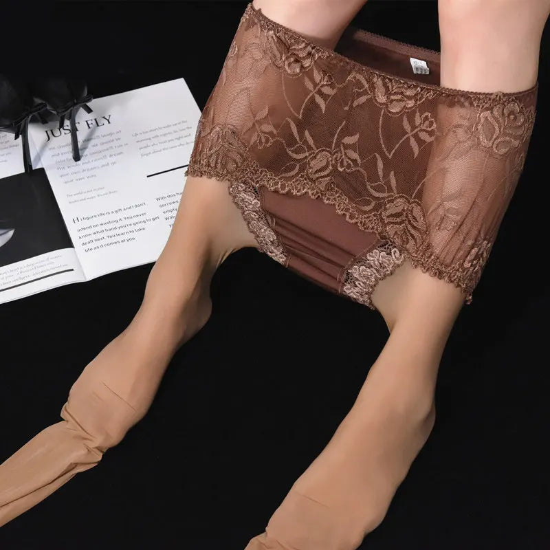 Sexy shiny lace stockings for women, soft and sheer, with intricate lace detailing, designed for a stylish and alluring look.
