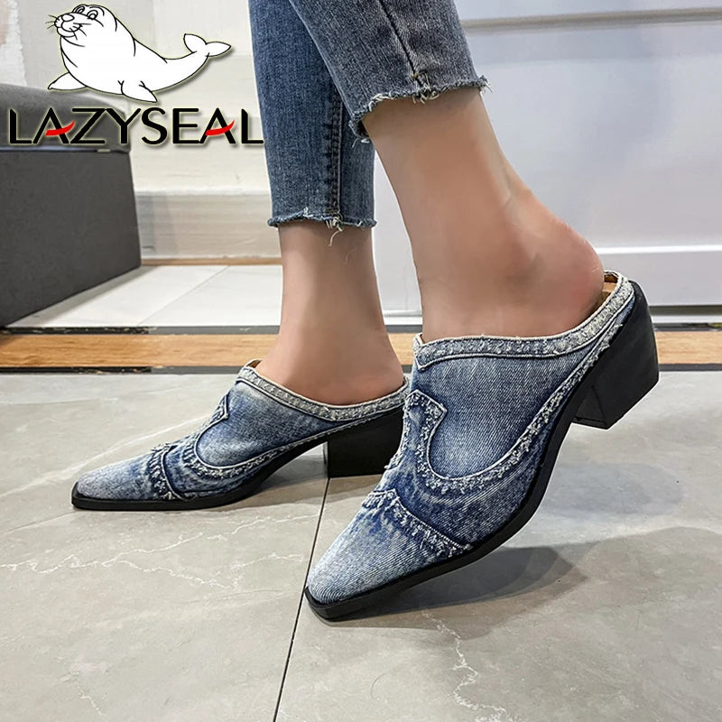 LazySeal-Zapatillas de tela vaquera con tacón cuadrado pa...