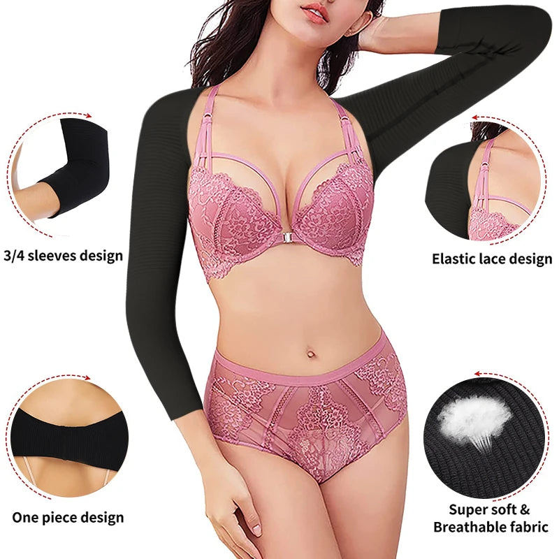 Woman wearing Corporación Turística arm shaper and slimming lingerie, demonstrating the product's fit and comfort.