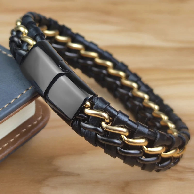 Pulsera de Cadena de Cuero Genuino para Hombre con Cierre...