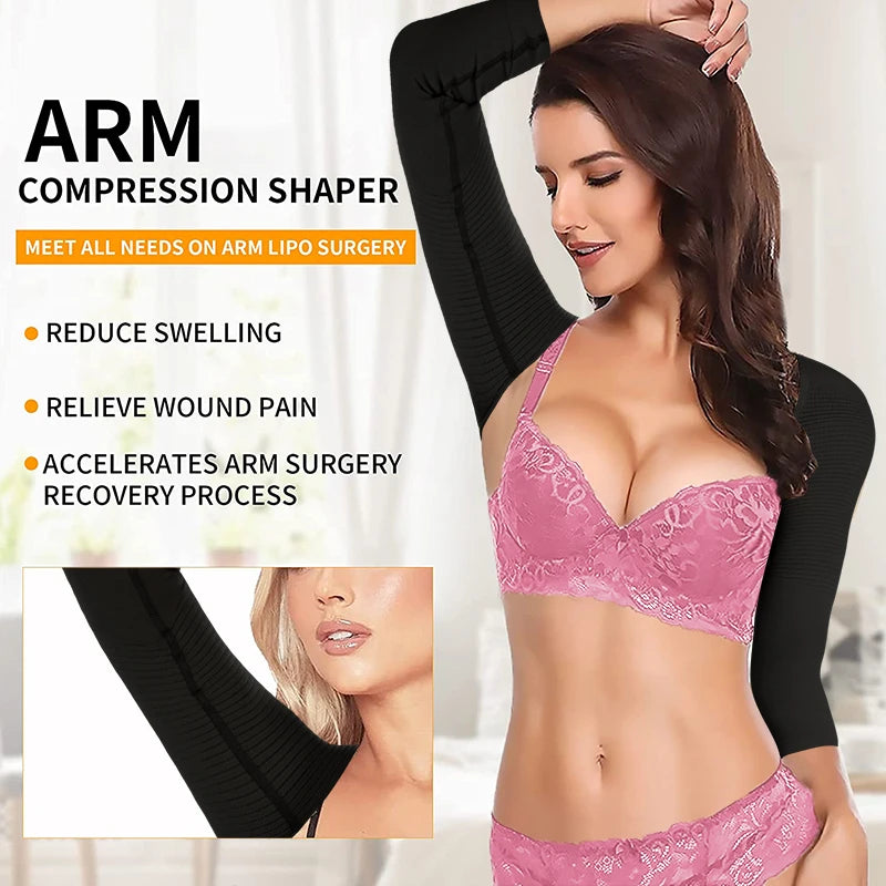 Woman wearing Corporación Turística arm shaper, slimming lingerie for women, designed to enhance and contour the arms.