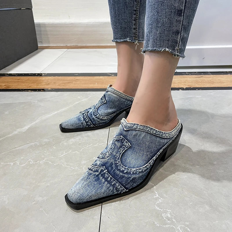 LazySeal-Zapatillas de tela vaquera con tacón cuadrado pa...