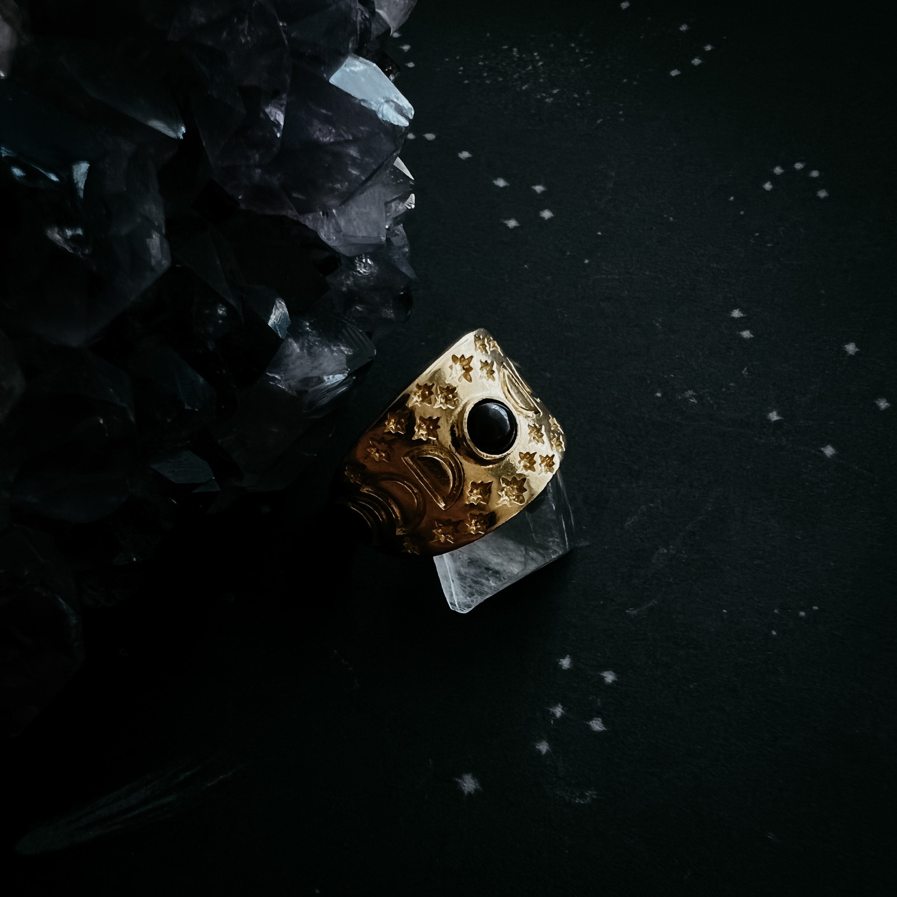 Eclipse Ring with Moon Phases and Black Opal