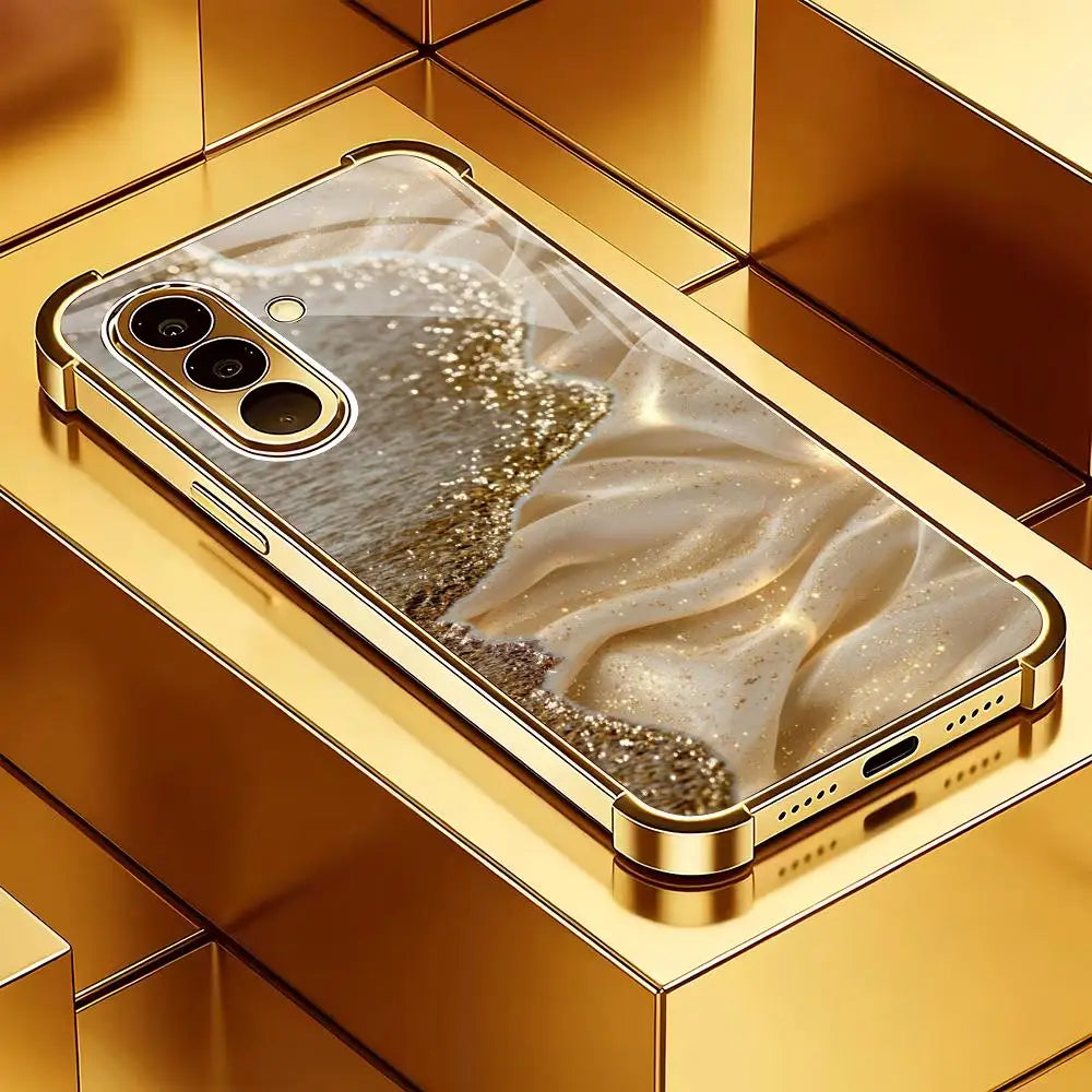 Galvanized glass phone case from the Gold series by Corporación Turística, showing a sleek, reflective protective cover for smartphones.