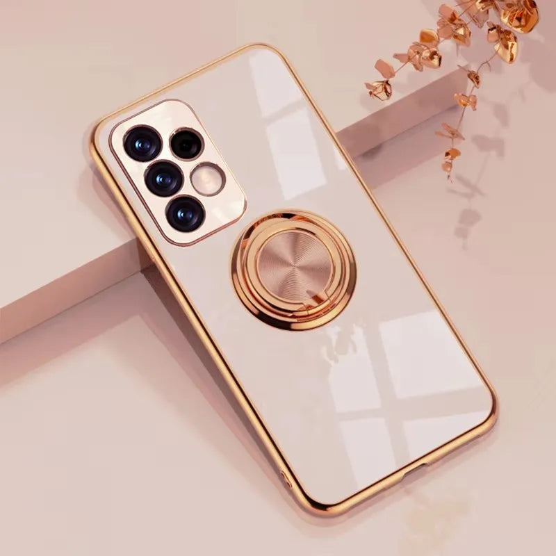 Luxury gold-plated magnetic phone case with built-in support, designed for secure grip and style.