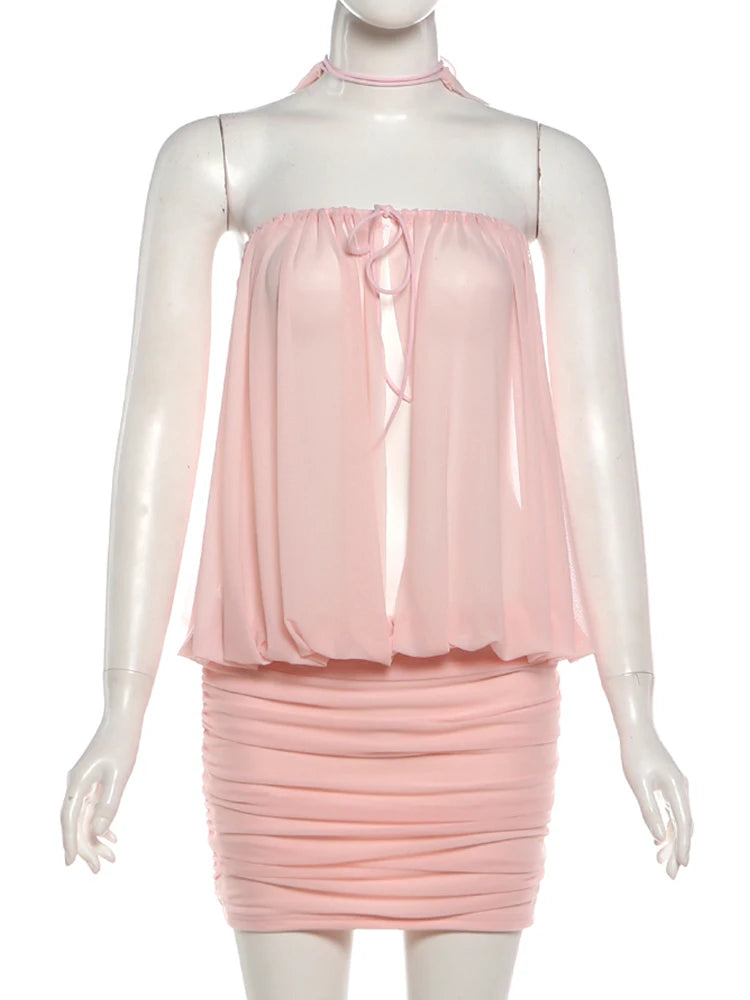 Mini bodycon dress for women by Sisterlinda with a cross neckline, form-fitting style, in black fabric.
