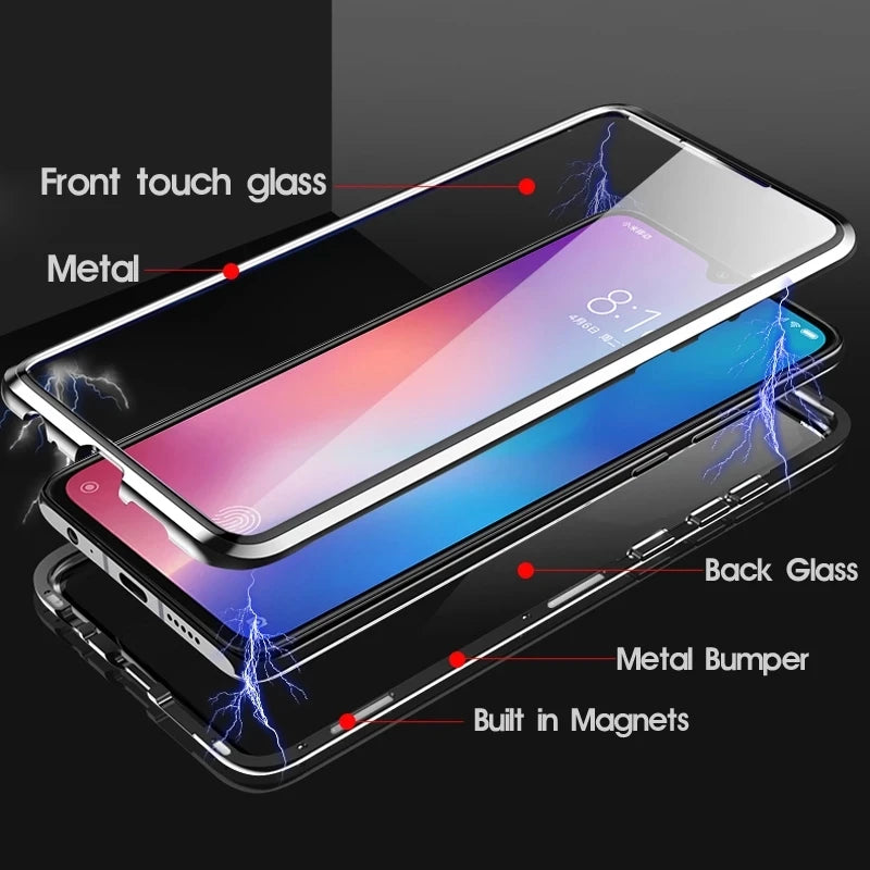 Magnetic metal protective case for smartphones with 360° coverage, designed by Corporación Turística, shown in black with sleek finish.