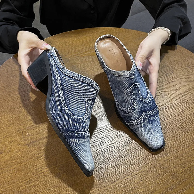 Zapatillas De mezclilla informales Sandalias De tacón alt...
