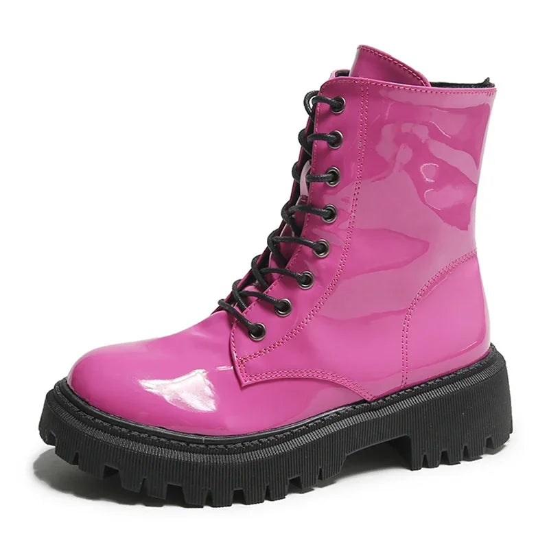Botines rosas con cordones para mujer, botas de moto con ...