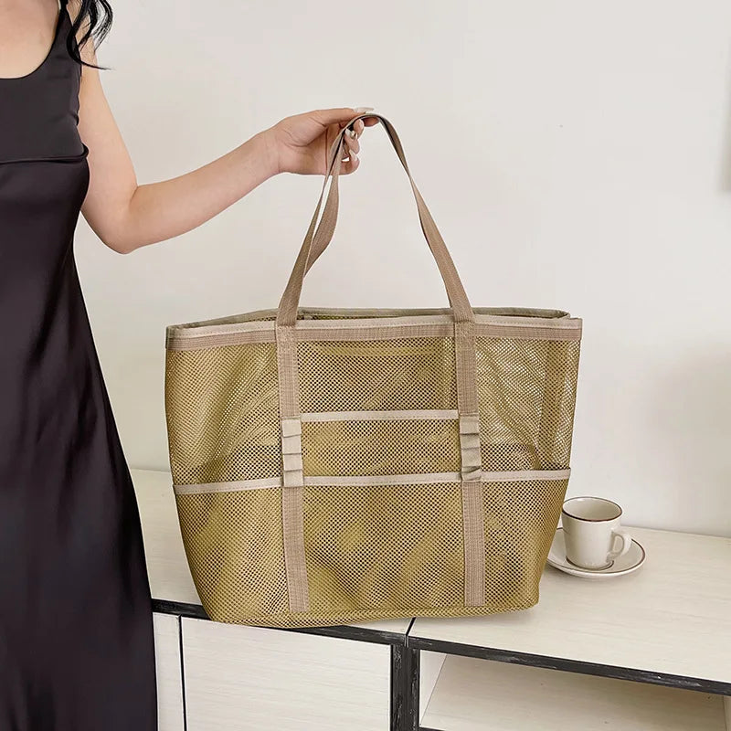 Bolso de Lona Grande Yogodlns: Elegante Tote Malla para Playa y Trabajo