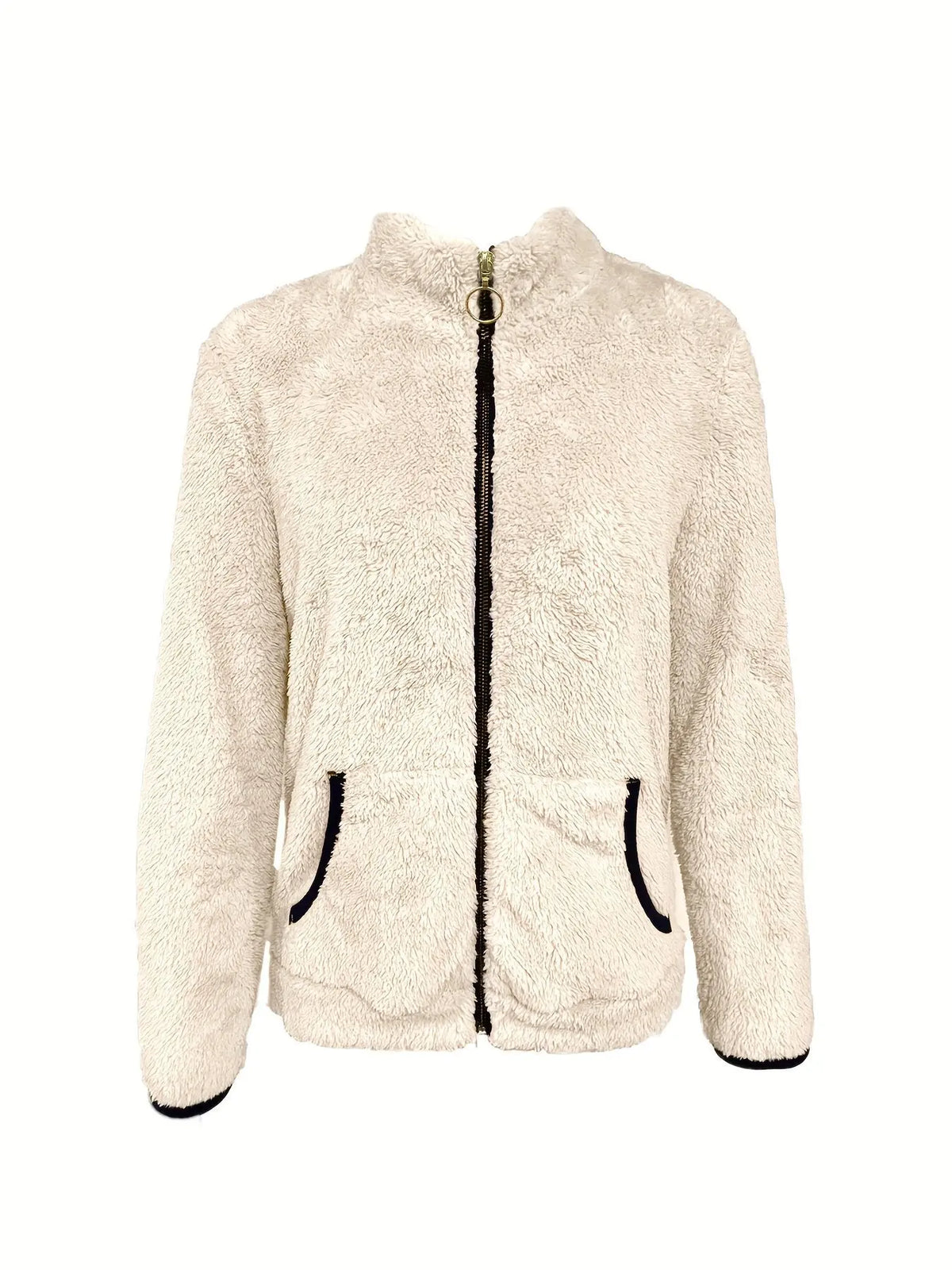 Woman wearing Corporación Turística full-zip fleece jacket, cozy and warm, in a casual outdoor setting.