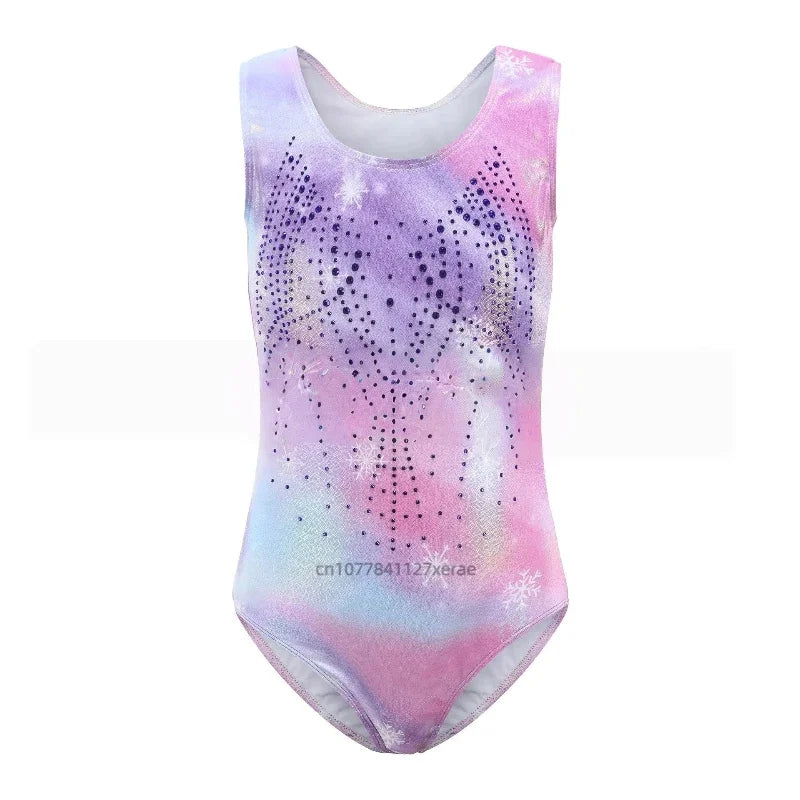 Form-fitting dance leotard with vibrant hot print from Corporación Turística, shown on a mannequin with detailed fabric pattern.