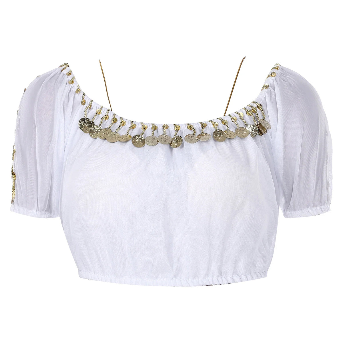 Shimmering women's short sequin top with oriental-inspired design, featuring vibrant colors and intricate detailing.