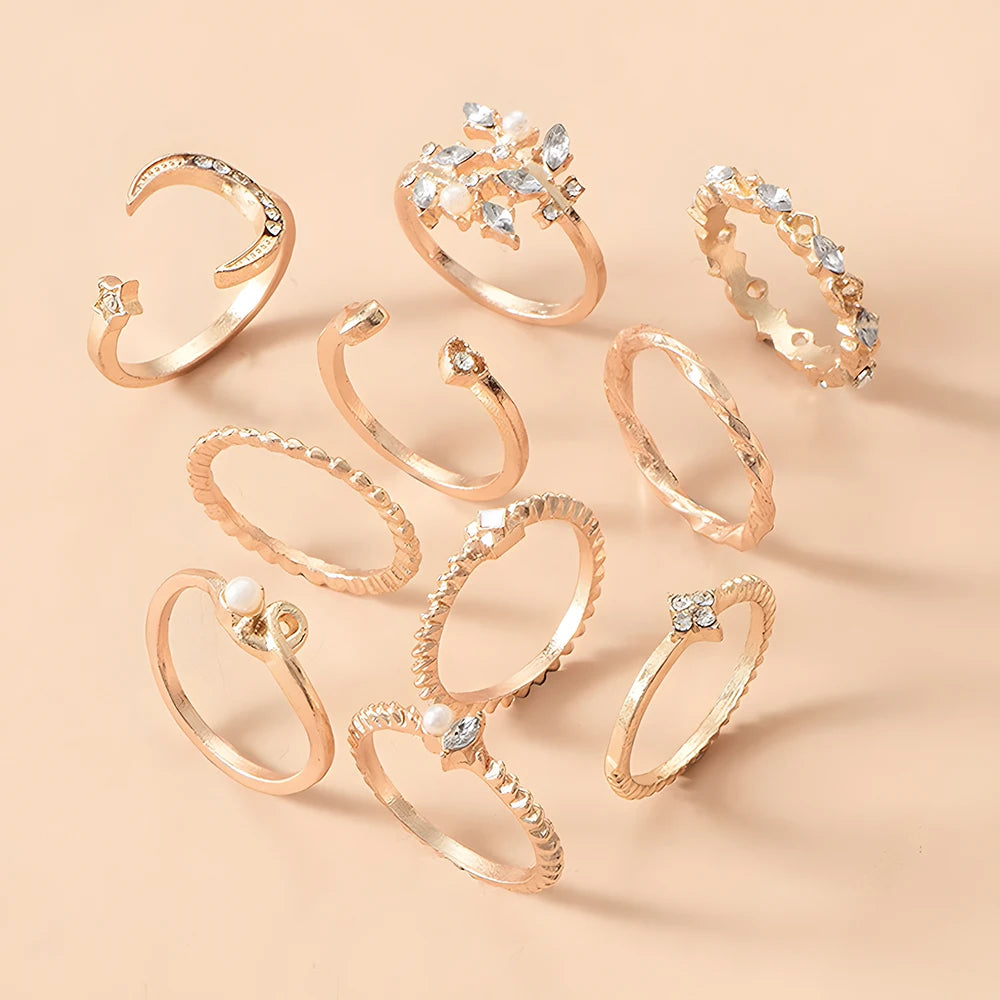 Conjunto 10 Anillos Mujer Boho Oro Cadena Luna Estrella