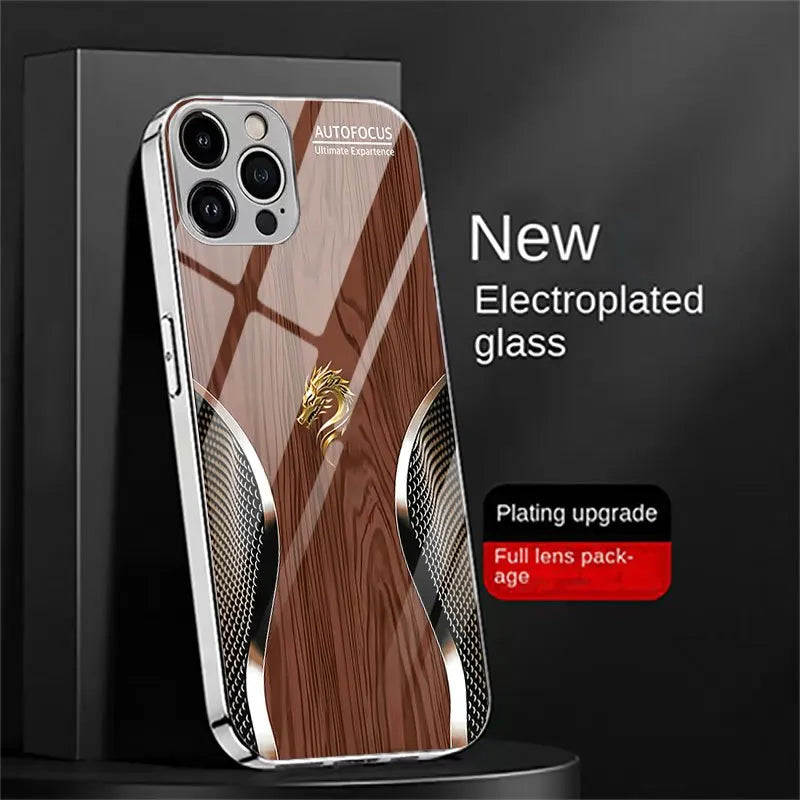 Electroplated glass phone case with patterned design from Corporación Turística, showcasing a sleek, reflective surface.