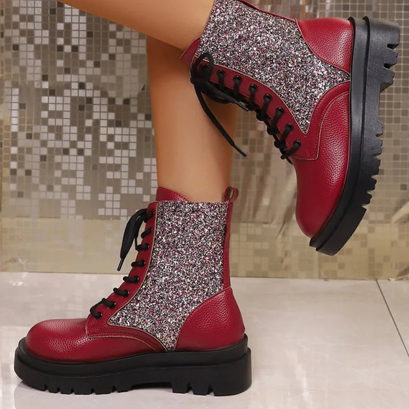 Botas Retro rojas brillantes para Mujer, botines con cord...