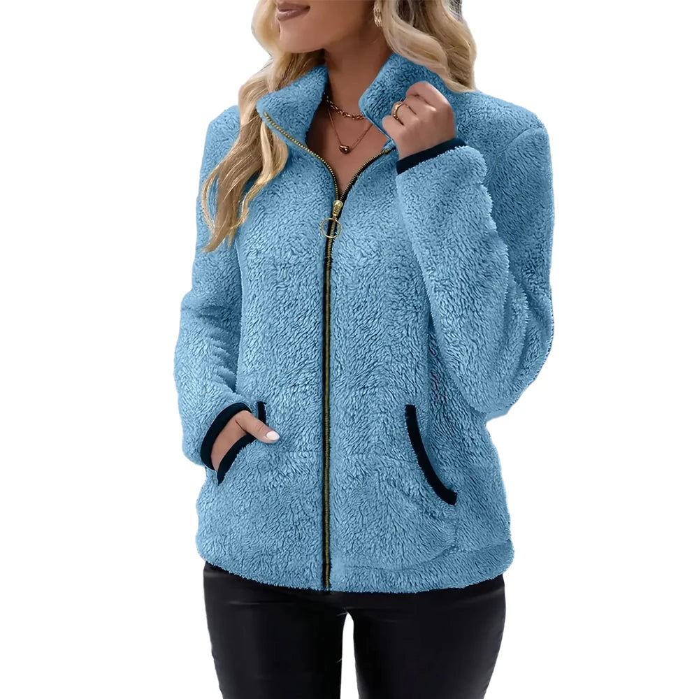 Gray women's polar fleece jacket with full front zipper, warm and comfortable, by Corporación Turística.