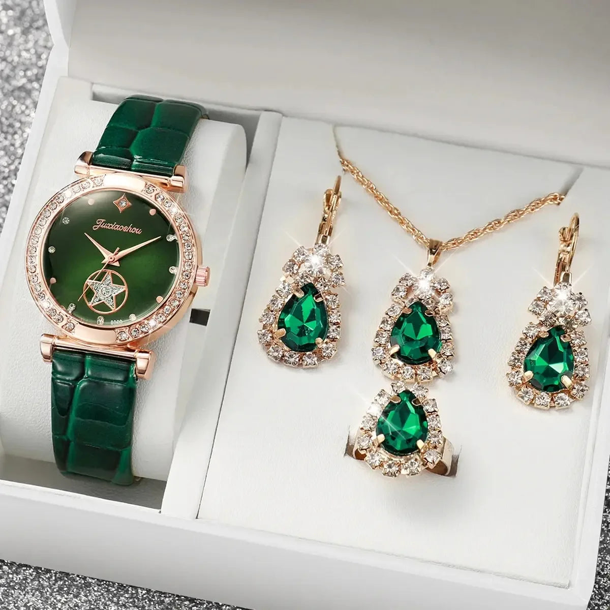 Conjunto de Reloj de Cuero Verde para Mujer en Oro Rosa, ...