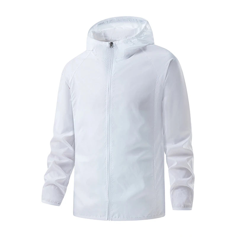 Unisex waterproof hiking jacket by Corporación Turística, showing the durable, breathable outdoor jacket with hood and zippers.
