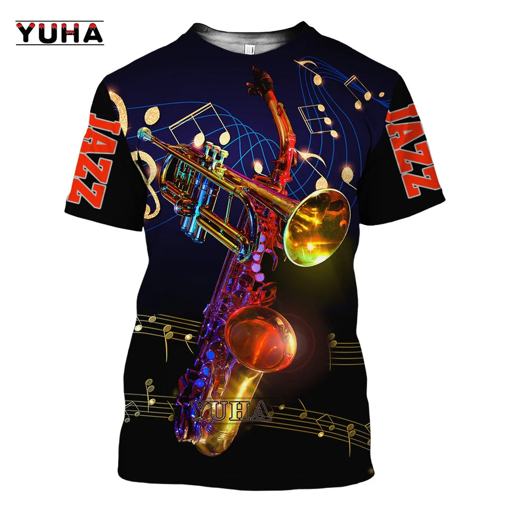 Camiseta Jazz Saxofón 3D Estampado Verano Hombre Manga Corta