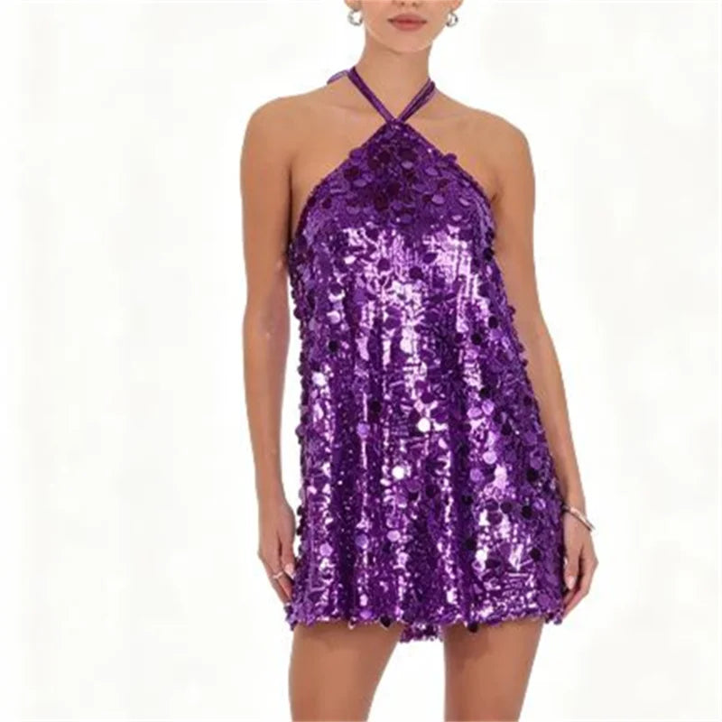 Vestido Mini Halter de Lentejuelas para Mujer, Ropa de Fi...