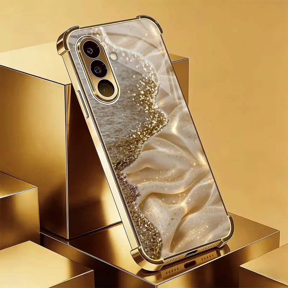 Galvanized glass phone case from the Gold series by Corporación Turística, showcasing a sleek, shiny protective cover for smartphones.