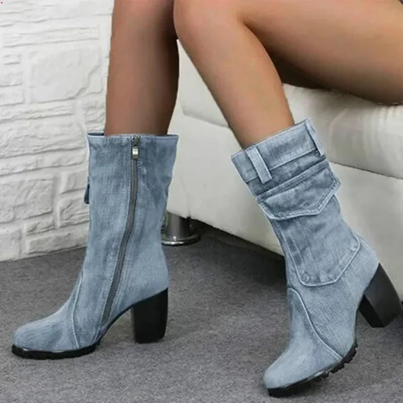 Botas De vaquero para Mujer, Zapatos individuales De tacó de color azul claro, estilo británico y altura de tacón de 5-8 cm.