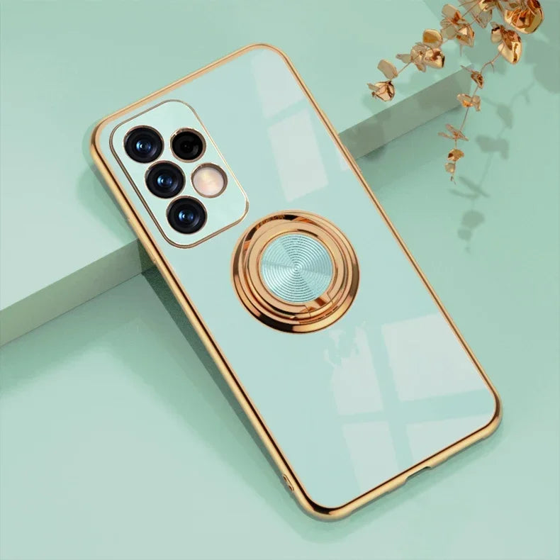 Samsung A56 and A36 phone case with ring stand support, featuring a gold-plated ring and protective cover by Corporación Turística.