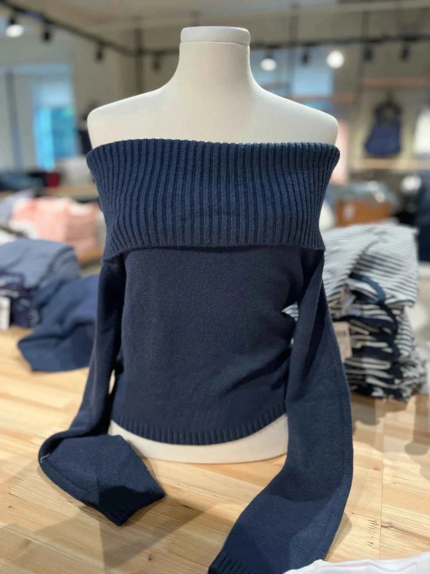 Suéter Crop Vintage Azul Marino Mujer | Y2k Ajustado Cuello Oblicuo