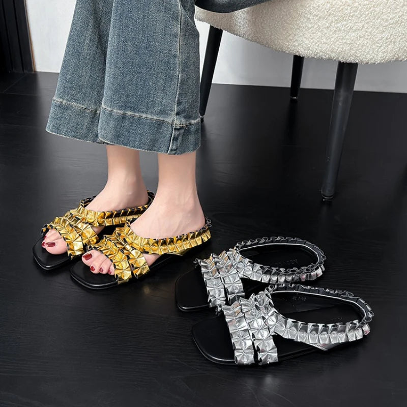 Zapatillas De diseñador plisadas doradas a la moda, Sanda...