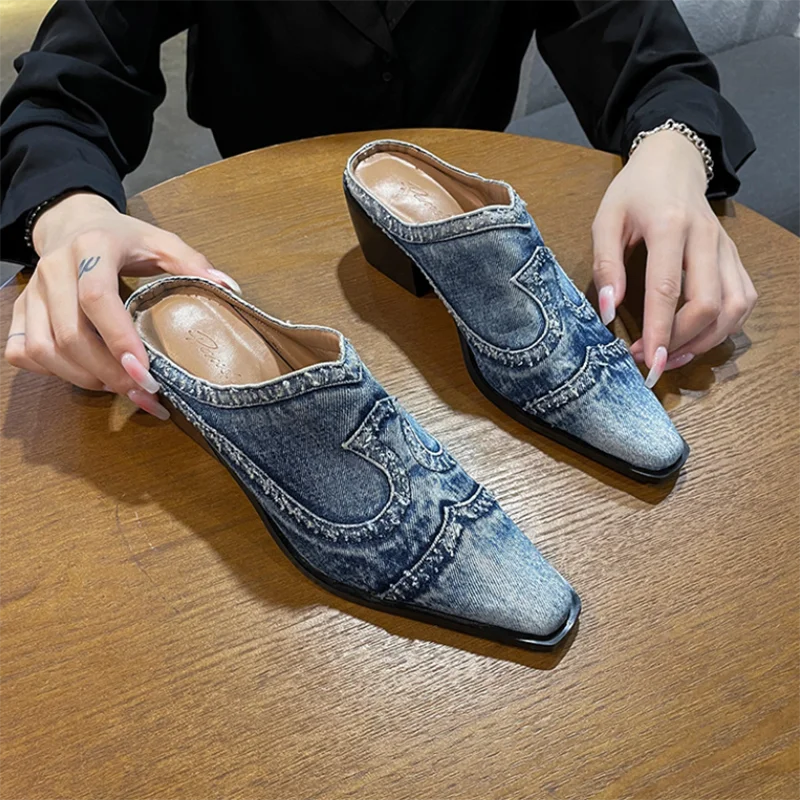 Zapatillas De mezclilla informales Sandalias De tacón alt...