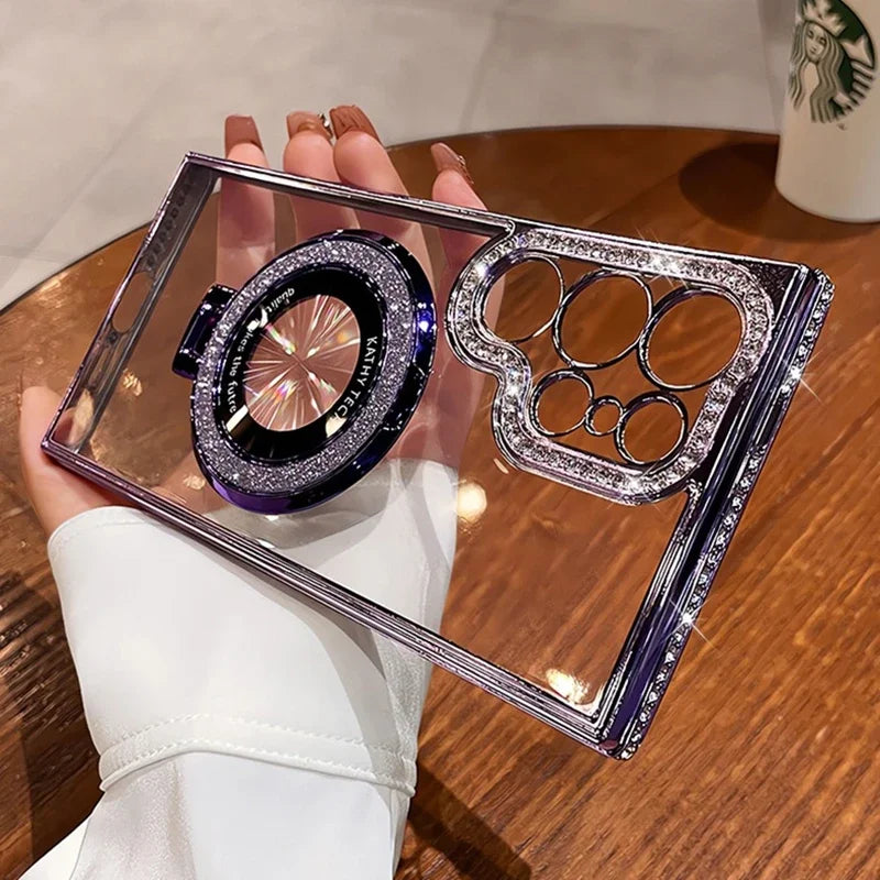 Magnetic glitter and diamond phone case for Samsung featuring sparkling accents and decorative design.