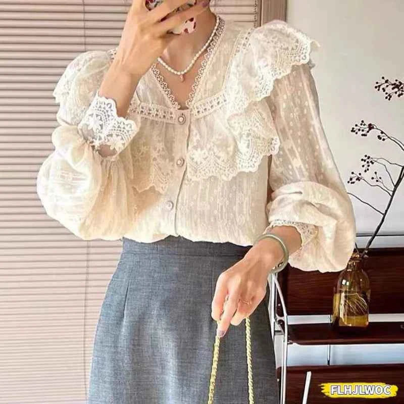 Blusa Blanca Volantes Elegante Manga Larga Mujer Oficina FLHJLWOC