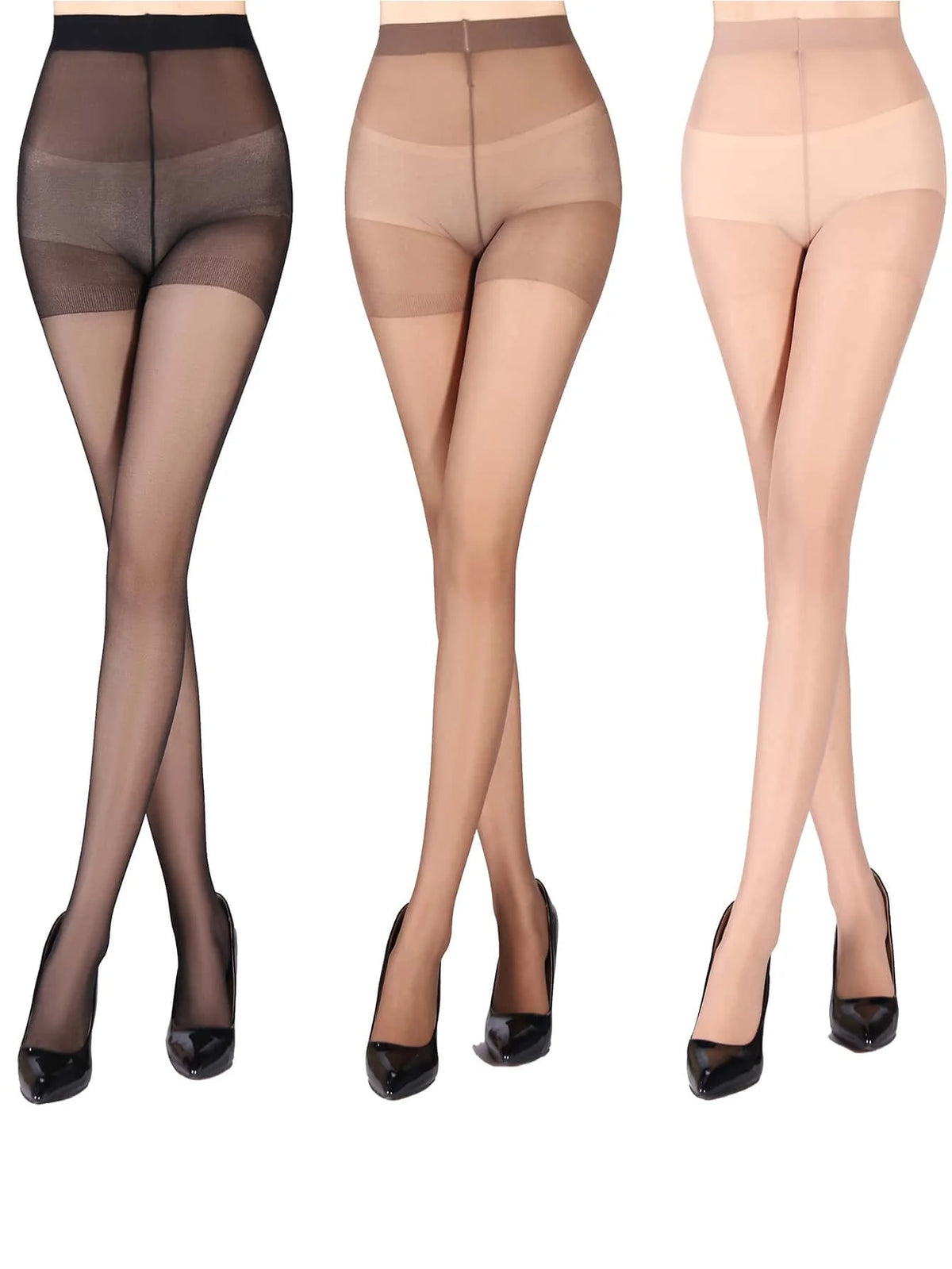 Three pairs of women's nylon pantyhose tights in black from Corporación Turística, featuring ultra-sheer and comfortable design.