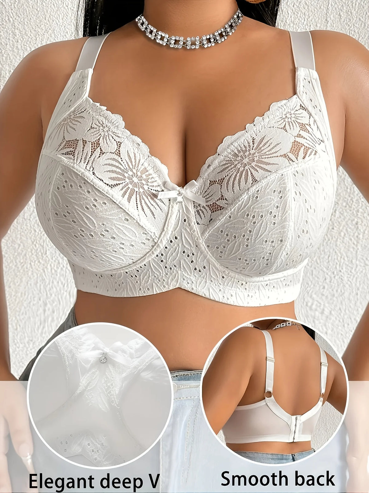 Large size women's bra with lace trim, featuring comfortable support and elegant design by Corporación Turística.
