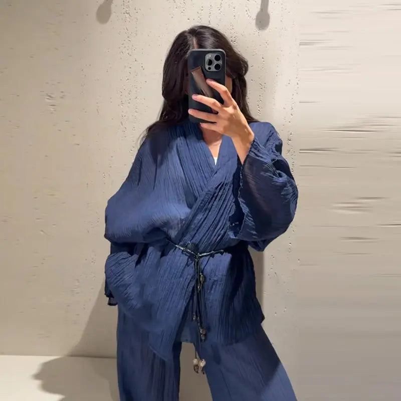 Conjunto Casual Mujer V-Neck Manga Ancha Lazo Pantalón Holgado