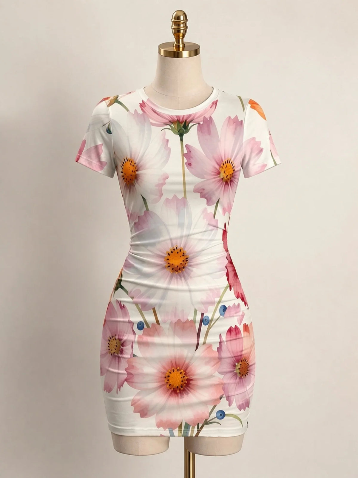 Close-up of a fitted women's mini dress with short sleeves and a round neckline, from Corporación Turística.