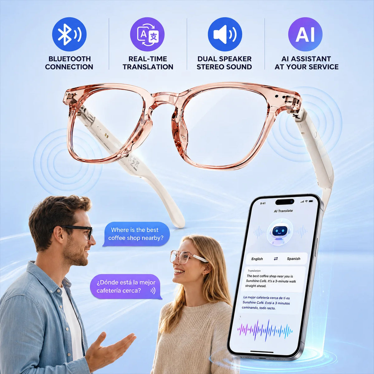 Gafas Inteligentes de Traducción Bluetooth GT52, Lentes c...