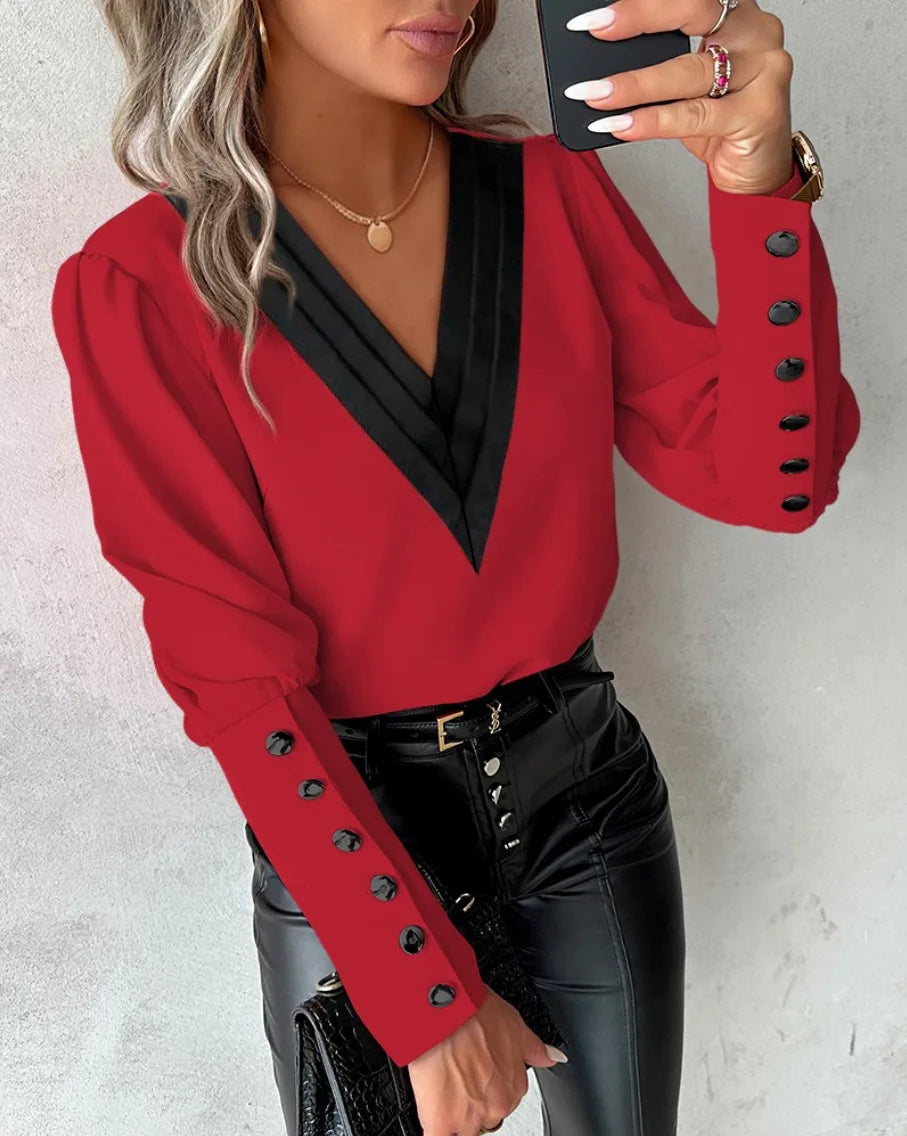Blusa de oficina con cuello en V y botones para mujer, ca...