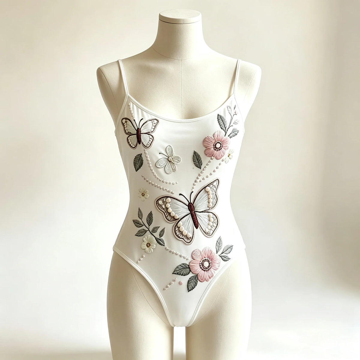 Elegant women's floral embroidered butterfly bodysuit by Corporación Turística, featuring intricate floral and butterfly details.