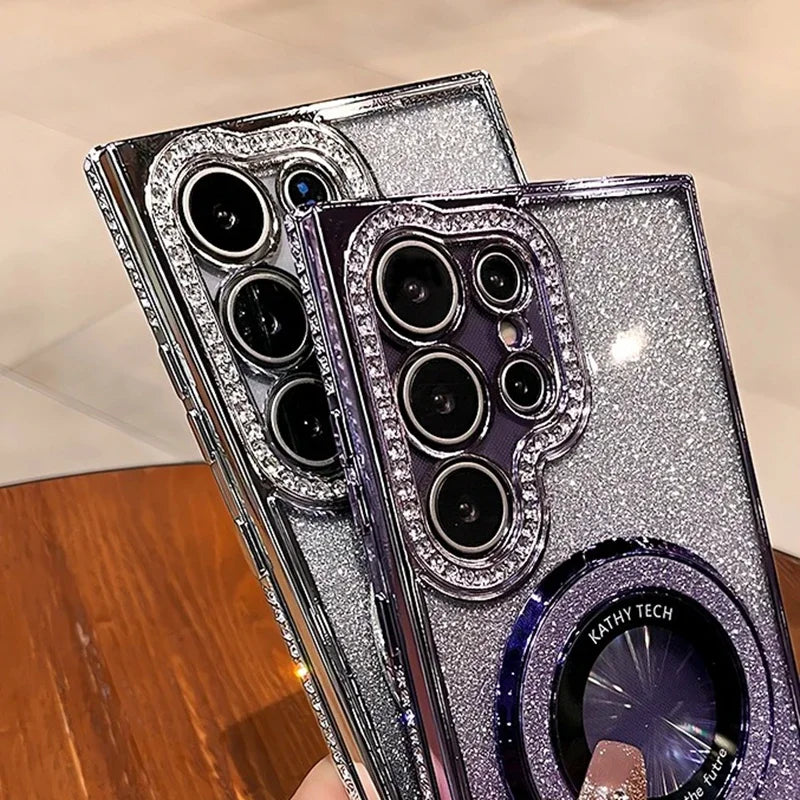 Magnetic glitter and diamond phone case for Samsung smartphones by Corporación Turística, featuring sparkling design and protective cover.