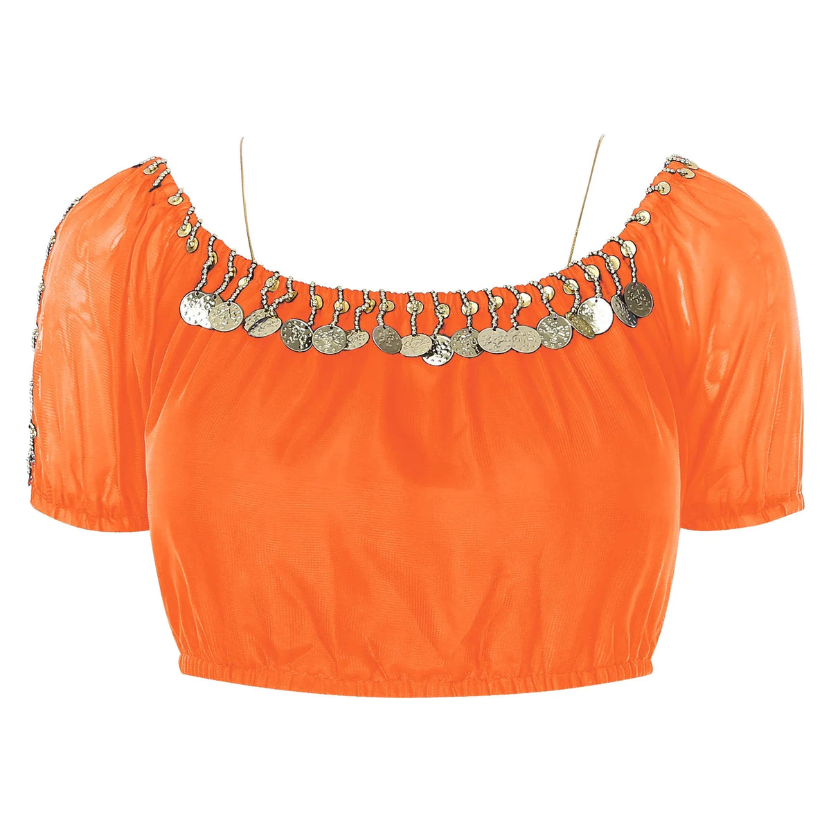 Shiny sequin short top for women with an oriental-inspired style, featuring intricate embellishments and vibrant colors.