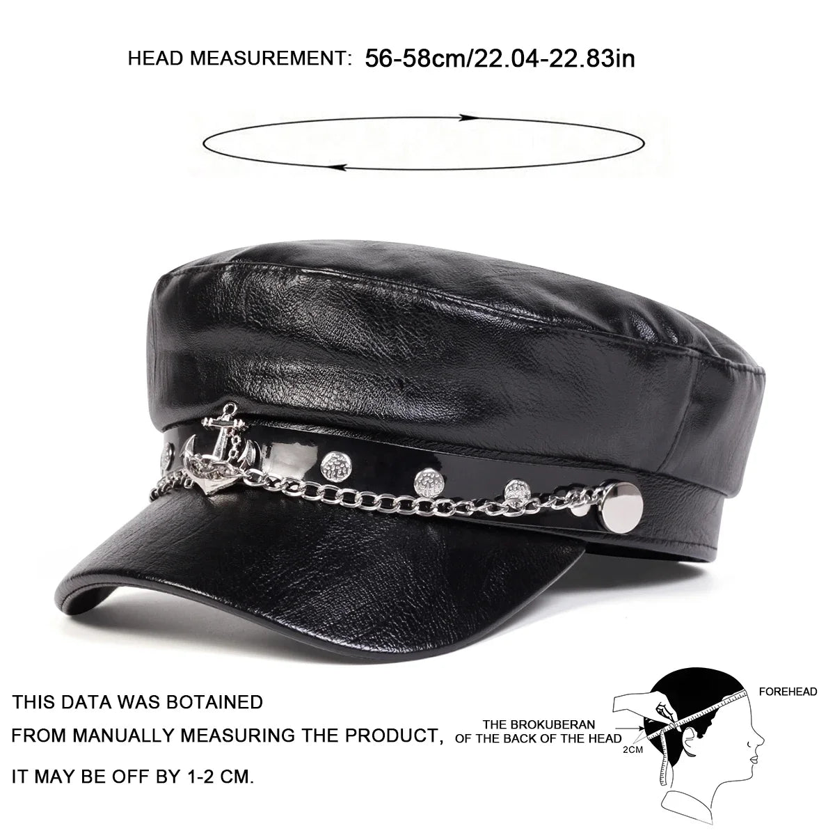 Boina Negra Cuero Unisex Capitán Militar Hebilla Ancla Primavera Otoño - Corporación Turística