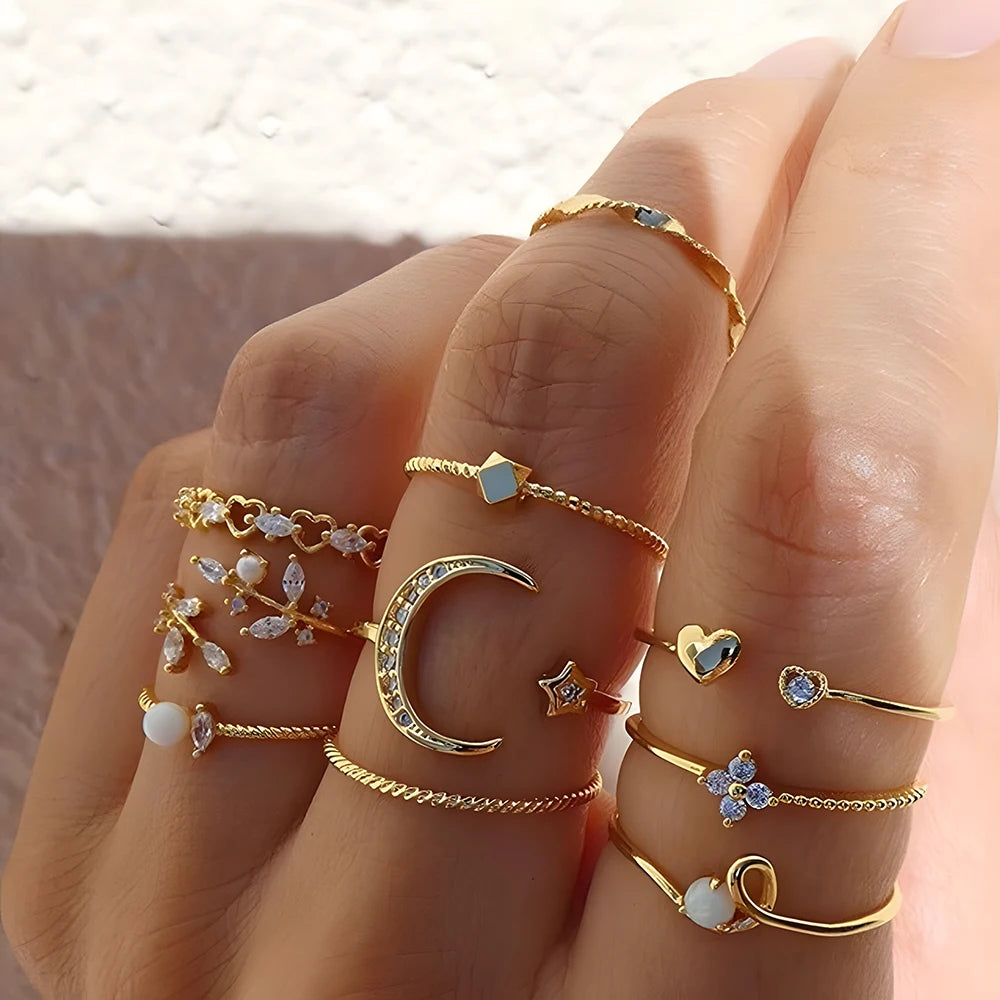 10 Anillos Dorados Boho Mujer: Luna, Estrella, Serpiente | Regalo Ideal
