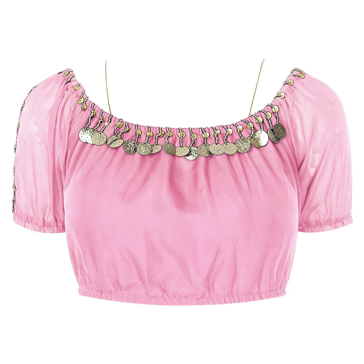 Shimmering silver sequin short top for women with an Oriental-inspired style, featuring intricate detailing and a fitted design