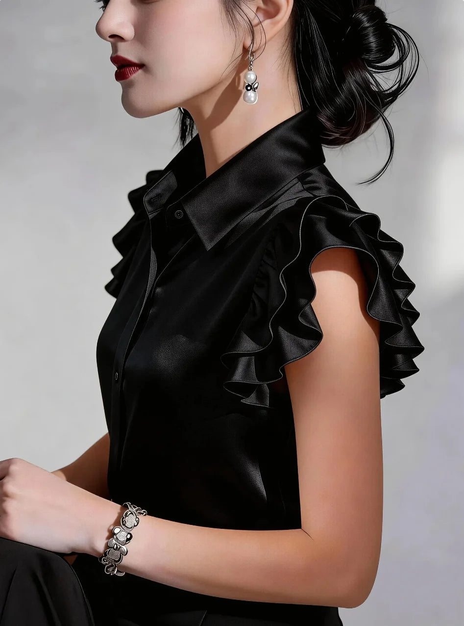 Elegante Camisa de Satén con Botones para Mujer, Blusa de...