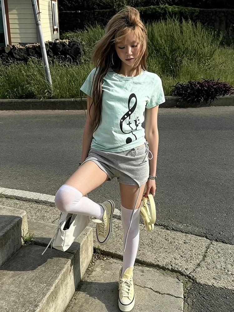 Camiseta Harajuku Mujer Notas Musicales Algodón Suave Verano